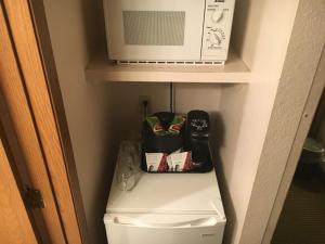 a small bathroom with a toilet and a microwave at RiverTree Inn & Suites in Clarkston