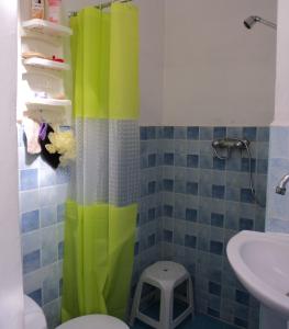 a bathroom with a green shower curtain and a sink at Joli appartement au terrasse pour 3 personnes in Essaouira