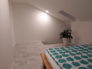 1 dormitorio con 1 cama y una maceta en Luxusní apartmán přímo v centru u hotelu Thermal en Karlovy Vary
