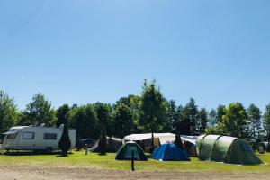 eine Gruppe von Zelten auf einem Feld mit Bäumen in der Unterkunft Erlebniscamping Lausitz - Campingplatz Ortrand / Camping Dresden in Ortrand