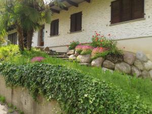 Casa Parentela في Ligornetto: حديقة بها ورد وصخور بجوار منزل