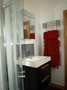 a bathroom with a sink and a shower and red towels at The Dairy at Lodge Farm in Norwich