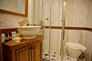 a bathroom with a shower and a toilet and a sink at Archontiko Hatzipanayioti in Leonidio