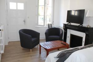 sala de estar con 2 sillas, TV y chimenea en maison Vendeuvre sur barse, en Vendeuvre-sur-Barse