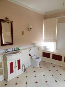 a bathroom with a toilet and a sink and a mirror at Donnington Grove in Newbury