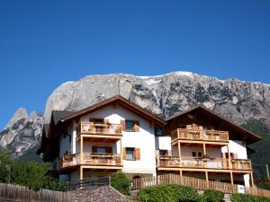 un bâtiment avec une montagne en arrière-plan dans l'établissement Haus Santner, à Fiè