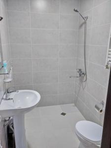 a bathroom with a toilet and a sink and a shower at Hotel Beni in Akhaltsikhe