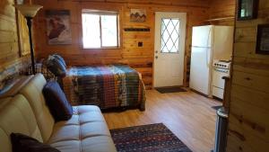 ein Wohnzimmer mit einem Sofa, einem Bett und einem Kühlschrank in der Unterkunft Talkeetna Fireweed Cabins in Talkeetna