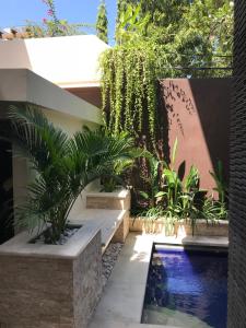 a garden with a swimming pool and plants at Villa Anyelir in Seminyak
