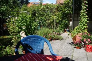 uma cadeira azul num jardim com flores e plantas em Ferienwohnung am Stadtpark em Erfurt