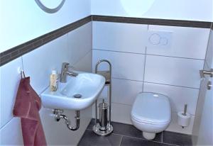 een badkamer met een wastafel en een toilet bij Ferienwohnung Enzblick in Bad Wildbad