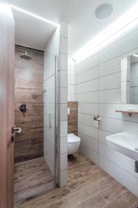 een badkamer met een douche, een toilet en een wastafel bij Penzion U Harmáčků in Hustopeče