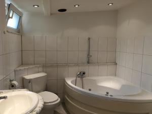 een badkamer met een bad, een toilet en een wastafel bij Finnenhaus in Neumünster