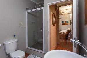 a bathroom with a shower and a toilet and a sink at 273 Jan Van Riebeeck in Oudtshoorn