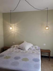 a bedroom with a bed with two lights above it at Ca la Pagesa in Sant Llorenc de Morunys