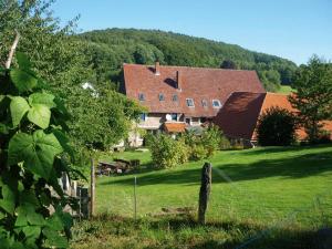 a large house in the middle of a green field at Eichenhof Kalletal in Kalletal