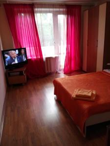 モスクワにあるApart Центр Zooのベッドルーム1室(ベッド1台、ピンクのカーテン付きテレビ付)