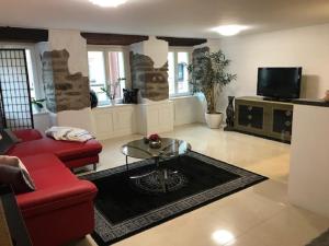 ein Wohnzimmer mit einem roten Sofa und einem TV in der Unterkunft Luxus Domizil in Villingen-Schwenningen