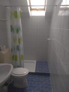 a bathroom with a toilet and a shower and a sink at Hubertus Panzió in Csongrád