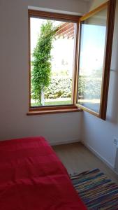 Cette chambre dispose d'une fenêtre et d'un lit rouge. dans l'établissement Apartman Di, à Mali Lošinj