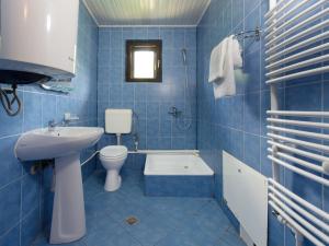 Baño de azulejos azules con aseo y lavamanos en Pensiunea Bobu, en Izvoru Muntelui