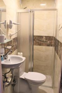 a bathroom with a shower and a toilet and a sink at Divas Hotel in Istanbul
