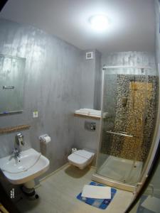 a bathroom with a shower and a toilet and a sink at Green Coffee House in Sulina +39 photos