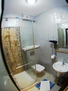 a bathroom with a glass shower and a toilet at Green Coffee House in Sulina