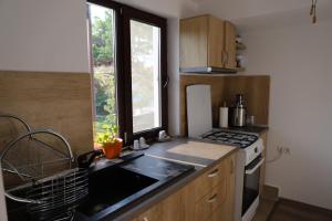 a kitchen with a sink and a stove and a window at Upstairs Residence in Târgu Jiu
