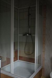 a bath tub with a shower in a bathroom at U Heleny i Piotra pokoje goscinne in Białowieża