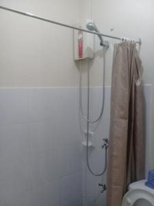 y baño con cortina de ducha y aseo. en Eurich Furnished Unit 1 en Butuán