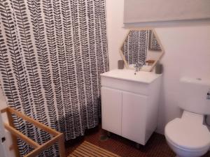 a bathroom with a toilet and a shower curtain at The Husky House or The Husky Studio Suite stayinjervisbay com in Huskisson