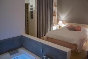 ein Schlafzimmer mit einem Bett und einer Badewanne. in der Unterkunft Ker spa, gite avec spa privatif dans la chambre in Dol-de-Bretagne