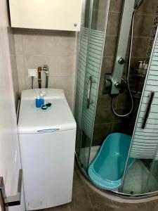 a bathroom with a shower and a toilet and a sink at BIO Garden Stonehouse in Gonia