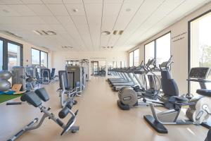 a gym with rows of exercise bikes and treadmills at Cascade Wellness Resort in Lagos