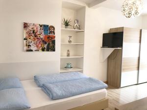 sala de estar con cama y TV en Rosengarten Apartments, en Bolzano