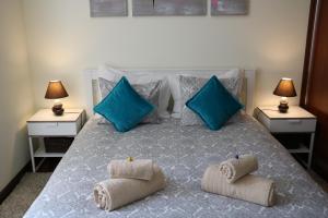 リスボンにあるJardim das Amoreiras Central Apartmentのベッドルーム(青い枕の大型ベッド1台付)