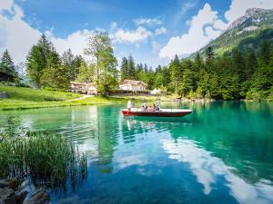 Un gruppo di persone su una barca su un lago di Hotel & Spa Blausee a Blausee