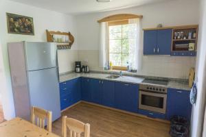 cocina con armarios azules y nevera de acero inoxidable en Holiday Villa Javornik en Javorník