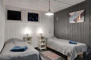 Ķegums的住宿－Lodge "Ezīša Midziņa"，一间卧室设有两张床和两个窗户。