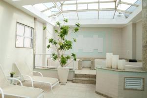 a waiting room with white chairs and plants at Hotel Regina Rio de Janeiro in Rio de Janeiro