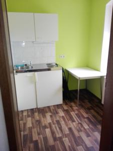 a small kitchen with a sink and a table at Pension Hartmann in Görlitz