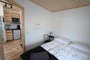 レイクホルトにあるBlue View Cabin 4B With private hot tubの小さなベッドルーム(ベッド1台付)、キッチンが備わります。