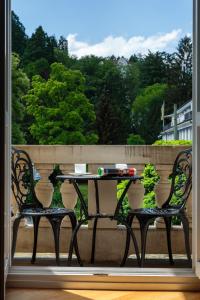 a table and two chairs in front of a window at Apartment am Kurpark in Baden-Baden
