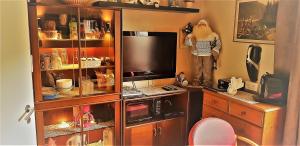 a person standing in a kitchen with a tv at Berge & Laila's Private Apartment in Førde