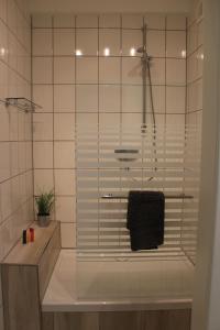 a bathroom with a shower with a black towel at Alte Backstube - Ferienwohnung & Appartement in Erbes-Büdesheim