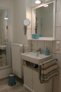 a bathroom with a sink and a mirror at Alte Backstube - Ferienwohnung & Appartement in Erbes-Büdesheim +18 photos