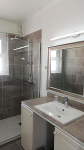 a bathroom with a sink and a shower with a mirror at Appartement avec vue panoramique in Vichy
