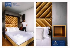 twee foto's van een hotelkamer met een bed en een man op de achtergrond bij ORM - Camões Apartment in Porto