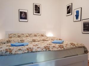 Un dormitorio con una cama con almohadas azules. en Cherry flower ( Trešnjin Cvet ) apartment, en Višegrad